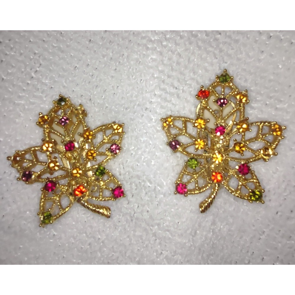 Graziano Leaf Clip‎ On Earrings Gold Tone Rhinestone Fall Autumn Jewelry